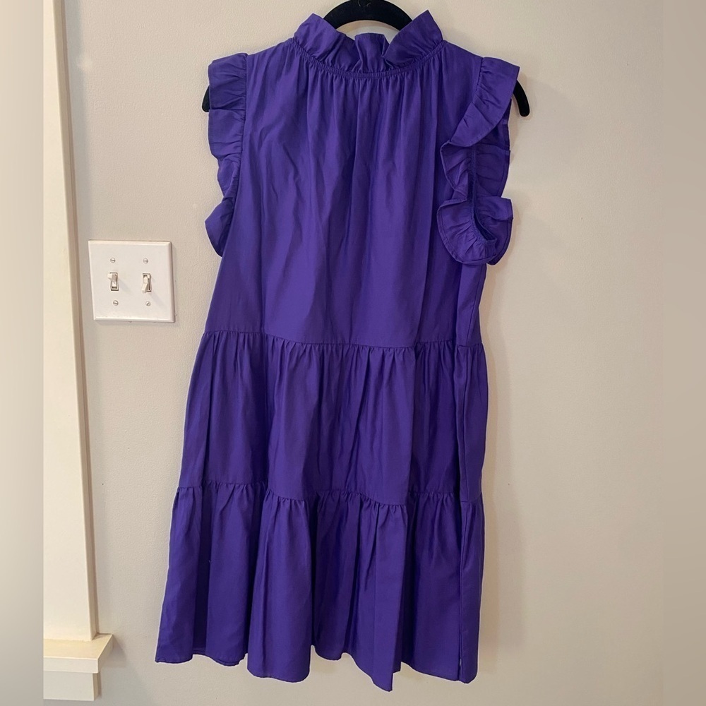 Felicite smocked midi tiered dress. Sateen cotton in deep purple. Ruffled neck - Picture 3 of 7